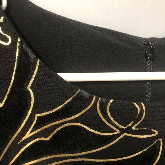 cache womens black gold velvet contrast printed sheath dress size 12 long sleeve - Picture 7 of 13